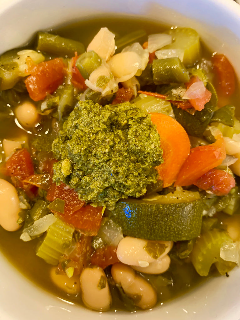 Pesto, bean, veggie soup; slow cooker soup recipe; crock pot soup recipe 